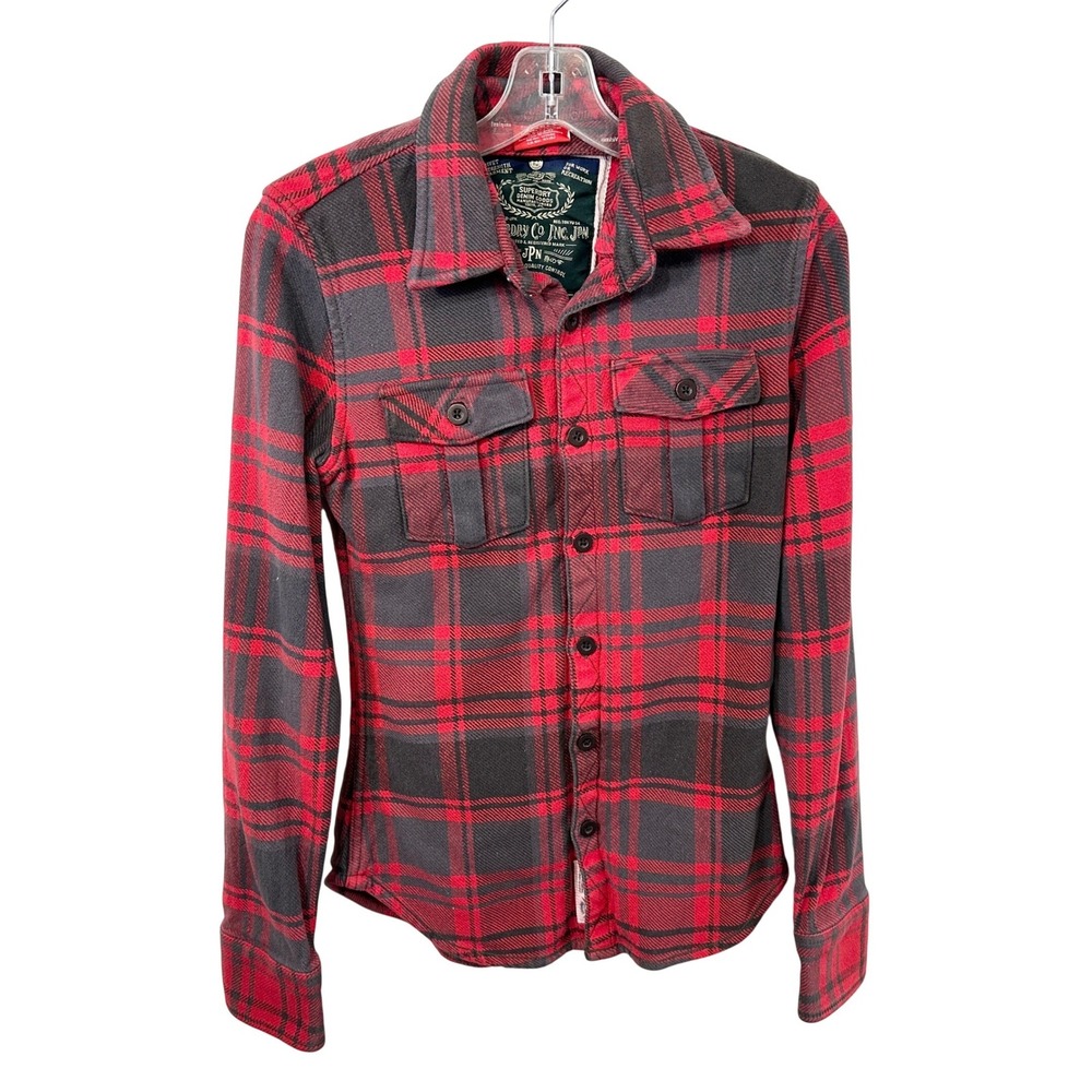 Superdry Mens Small Shacket Red Plaid Flannel Button Shirt Heavy Gorpcore 1283